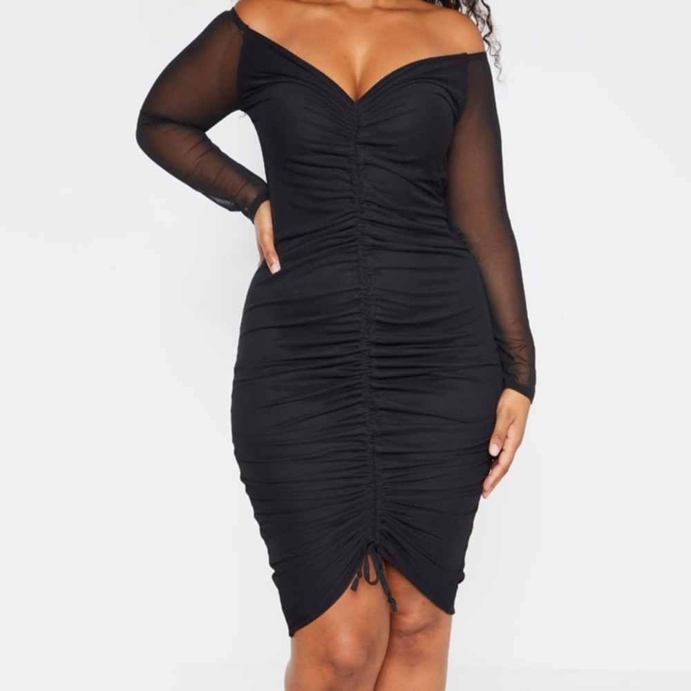 Pretty Little Thing • black bodycon off shoulder dress NWT mesh long sleeve